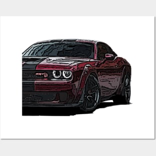 Explosive Fury: Red Dodge Challenger Fiery Front Half Body Posterize Car Design Posters and Art